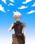  1boy armor backlighting bad_source bisukorokoro blonde_hair blue_eyes blue_sky blue_sweater brown_gloves buster_sword cloud cloud_strife cloudy_sky final_fantasy final_fantasy_vii gloves gradient_background hand_up looking_down male_focus pauldrons planted planted_sword sad_smile short_hair shoulder_armor single_pauldron sky sleeveless sleeveless_sweater sleeveless_turtleneck solo spiked_hair standing suspenders sweater sword third-party_source turtleneck turtleneck_sweater upper_body weapon 