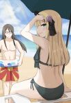  1boy 1girl adjusting_eyewear aki_(tyvv3524) arm_up ass bangs beach bikini black_bikini black_hair blonde_hair blunt_bangs commentary_request day eyewear_on_head fate/grand_order fate_(series) flower glasses green_eyes grey_flower holding innertube long_hair lord_el-melloi_ii male_swimwear ocean outdoors profile reines_el-melloi_archisorte side-tie_bikini sitting sunglasses swimsuit umbrella waver_velvet 