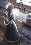  1girl absurdres animal_ears apron black_hair blush cat_ears cat_tail dish dishes dishwashing fang from_behind highres indoors kitchen maid maid_apron maid_headdress medium_hair open_mouth original reflection silvertsuki solo standing tail 