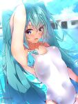  1girl :d ahoge arm_up artist_name bangs blue_eyes blue_hair blurry blurry_background blush breasts collarbone commentary day eyebrows_visible_through_hair hair_between_eyes halkawa501 hatsune_miku highres long_hair looking_at_viewer open_mouth outdoors school_swimsuit shiny shiny_hair small_breasts smile solo spaghetti_strap standing swim_cap swim_cap_removed swimsuit twintails very_long_hair vocaloid watermark white_swimsuit 