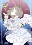  1girl angel angel_wings artist_name boku_no_hero_academia bridal_gauntlets brown_eyes brown_hair chestnut_mouth dated dress feathered_wings feathers flower from_side halo holding holding_staff leg_up looking_at_viewer morishima_noriko_(noriko_mrsm) purple_flower short_hair signature solo staff thick_eyebrows tiara uraraka_ochako white_dress white_wings wings 