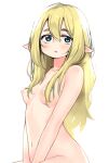  1girl bangs between_legs blonde_hair blue_eyes blush breasts character_request commentary_request completely_nude copyright_request hair_between_eyes hair_over_breasts hand_between_legs linea_alba long_hair looking_at_viewer moru_(monaka) navel nipples nude open_mouth pointy_ears solo tareme upper_body white_background 