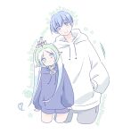  1boy 1girl alternate_costume blue_eyes blue_hair blue_jacket clothing_cutout couple frieren hetero highres himmel_(sousou_no_frieren) jacket leg_cutout long_hair sachinyopo short_hair simple_background smile sousou_no_frieren white_background white_hair white_jacket 