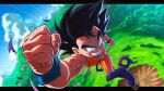  2boys antennae black_hair blurry blurry_background child clenched_hands colored_skin dragon_ball dragon_ball_(classic) goku_day green_skin highres hole_in_chest hole_on_body injury looking_at_another looking_down male_focus motion_lines multiple_boys orange_pants orange_shirt pants piccolo_daimaou piccolo_day purple_pants purple_shirt shirt son_goku spiked_hair srojam torn_clothes torn_pants torn_shirt 