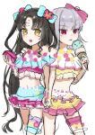  2girls alternate_costume bikini black_hair facial_mark fate/grand_order fate_(series) food grey_hair highres holding_hands ice_cream kama_(fate) kama_(first_ascension)_(fate) multiple_girls red_eyes sessyoin_kiara sessyoin_kiara_(lily) sketch swimsuit tagme to_moyomoyo yellow_eyes 