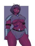  archfiendzarro ben_10 black_eyes border breasts cartoon_network chaquetrix clothing fangs female grey_clothing hi_res horn humanoid kailestorart pantophage pupils purple_pupils red_body scar simple_background solo teeth thick_thighs under_boob white_border 