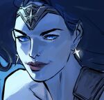 1girl blue_eyes blue_theme circlet close-up closed_mouth commentary cosmetics dc_comics earrings floating_hair huangdanlan jewelry long_hair red_lips sidelighting single_bare_shoulder smile solo symbol-only_commentary wonder_woman wonder_woman_(series) 