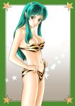  1girl absurdres animal_print bikini bikini_pull breasts clothes_pull commentary_request endoll green_eyes green_hair highres horns long_hair looking_at_viewer lum medium_breasts nipples oni print_bikini small_horns smile solo star_(symbol) strapless strapless_bikini swimsuit tiger_print urusei_yatsura 