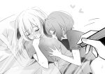  2girls blush closed_eyes commentary drawing_tablet greyscale heart holding holding_stylus hug kouzuki_mahiru long_hair lwmina70119 lying monochrome multiple_girls open_mouth pillow pov shirt short_hair short_sleeves stylus sweat yamanouchi_kano yoru_no_kurage_wa_oyogenai yuri 