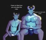 anthro bulge clothed clothing dragon duo english_text eyewear father_(lore) father_and_child_(lore) father_and_son_(lore) gaming genitals glasses hi_res horn looking_at_viewer male male/male mythological_creature mythological_scalie mythology navel nipples parent_(lore) parent_and_child_(lore) parent_and_son_(lore) pecs penis playing_video_game scalie sitting size_difference slutghostwriter son_(lore) text tongue tongue_out topless underwear vein veiny_penis