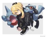  1girl asymmetrical_hair bangs black_footwear black_jacket black_legwear blonde_hair closed_mouth cynthia_(pokemon) fingers_together from_above gen_4_pokemon gible grey_eyes hair_ornament hands_together highres jacket looking_at_viewer looking_up pantyhose pokemon pokemon_(creature) pokemon_(game) pokemon_dppt riolu shoes smile sneakers squatting xia_(ryugo) younger 