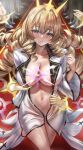  1girl blonde_hair blue_eyes breasts cleavage collarbone collared_shirt commentary crown_(naked_king)_(nikke) crown_(nikke) disembodied_limb drill_hair goddess_of_victory:_nikke highres himonoata large_breasts long_hair looking_at_viewer naked_shirt navel official_alternate_costume open_clothes open_shirt parted_lips red_carpet shirt smile solo sparkle_hair_ornament too_many_drills walking 