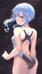  1girl absurdres aoi_zerii ass back blue_eyes blue_hair blush breasts competition_swimsuit cowboy_shot from_behind highres hololive hoshimachi_suisei light_particles looking_at_viewer looking_back one-piece_swimsuit parted_lips side_ponytail small_breasts solo star_(symbol) star_in_eye swimsuit symbol_in_eye virtual_youtuber wavy_hair wet 