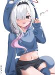  1girl absurdres black_eyes black_hairband black_shorts blue_archive blue_hoodie braid colored_inner_hair dolphin_shorts grey_hair hair_over_one_eye hairband halo highres hood hood_up hoodie kmp_(kenma_pro) long_hair long_sleeves looking_at_viewer multicolored_hair open_mouth pink_hair plana_(blue_archive) red_halo sharp_teeth shorts single_braid smile solo teeth twitter_username 