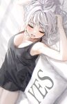  1girl absurdres black_tank_top blush braid breasts cleavage closed_eyes commentary_request drooling grey_hair hidulume highres lying medium_breasts mole mole_under_eye on_back open_mouth original saliva sleeping tank_top thighs yes-no_pillow 