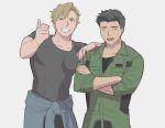  2boys ^_^ ao_isami black_hair blonde_hair closed_eyes clothes_around_waist cowboy_shot crossed_arms green_jumpsuit grey_background grey_shirt grin hand_on_another&#039;s_shoulder hand_on_own_hip jumpsuit lewis_smith light_blush looking_at_viewer male_focus multiple_boys muscular muscular_male one_eye_closed open_mouth shirt short_hair simple_background smile sweater sweater_around_waist thumbs_up tight_clothes tight_shirt umai_kinako yuuki_bakuhatsu_bang_bravern 