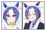  1girl alternate_costume animal_ears blue_hair blush braid casual cesario_(umamusume) closed_mouth crown_braid hair_between_eyes hair_ornament heart horse_ears horse_girl looking_at_viewer medium_hair melonpan_(d_5536) open_mouth portrait purple_eyes shirt solo sparkle umamusume white_background 