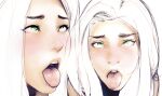  1girl ahegao blush chun-li close-up cum cum_in_mouth diathorn green_eyes highres multiple_views open_mouth rolling_eyes sketch solo street_fighter teeth tongue tongue_out upper_teeth_only white_hair 
