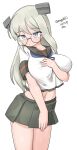  1girl absurdres black_sailor_collar black_skirt blue_neckerchief breasts cosplay fubuki_(kancolle) fubuki_(kancolle)_(cosplay) fubuki_kai_ni_(kancolle) fubuki_kai_ni_(kancolle)_(cosplay) glasses grey_eyes grey_hair headgear heywood_l._edwards_(kancolle) highres kantai_collection large_breasts long_hair maru_(marg0613) neckerchief one-hour_drawing_challenge sailor_collar sailor_shirt shirt simple_background skirt solo white_background white_shirt 