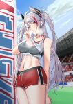  1girl absurdres azur_lane black_choker breasts choker cleavage crop_top grey_hair highres long_hair midriff multicolored_hair navel nukege_ojisan official_alternate_costume prinz_eugen_(azur_lane) prinz_eugen_(brilliant_touchdown)_(azur_lane) red_shorts shorts solo sports_bra stadium streaked_hair twintails wiping_sweat 