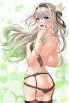  1girl absurdres ass back bare_arms bare_back bare_shoulders black_bow black_hairband black_panties blush bow commentary cowboy_shot firefly_(honkai:_star_rail) gradient_hair green_hair grey_hair hair_between_eyes hair_bow hair_intakes hairband highres honkai:_star_rail honkai_(series) kasoke_youmu multicolored_hair open_mouth panties solo standing underwear 