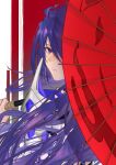 1girl acheron_(honkai:_star_rail) ahoge armor coat commentary fen_sui from_behind hair_over_one_eye holding holding_umbrella honkai:_star_rail honkai_(series) long_hair looking_at_viewer oil-paper_umbrella purple_eyes purple_hair red_background shoulder_armor solo umbrella upper_body white_background white_coat 