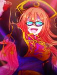  1girl :d black-framed_eyewear black_dress chinese_clothes crescent crescent_print dress highres junko_(touhou) moon_(ornament) orange_hair panpi phoenix_crown phoenix_print red_tabard smile sunglasses tabard touhou wide_sleeves 