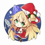  1girl akutaa azur_lane bell blonde_hair chibi christmas earrings green_eyes hat highres holly holly_hat_ornament ice jewelry le_temeraire_(azur_lane) scepter solo wizard 