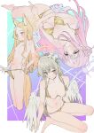  3girls absurdres alternate_costume angel_wings animal_ear_fluff animal_ears bare_arms bare_legs bare_shoulders barefoot bikini blonde_hair blue_archive blush breasts brown_eyes cleavage closed_mouth collarbone extra_ears feathered_wings flower fox_ears gold_bikini groin hair_bun hair_flower hair_ornament halo highres large_breasts light_brown_hair long_hair medium_breasts mika_(blue_archive) multiple_girls naga-agan nagisa_(blue_archive) navel nipple_slip nipples pink_flower pink_hair pink_halo seia_(blue_archive) simple_background single_side_bun sitting small_breasts swimsuit tea_party_(blue_archive) topless white_flower white_wings wings yellow_halo 
