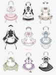  absurdres apron artist_name black_dress blue_bow blue_dress bow brown_dress dress gothic_lolita green_dress highres lolita_fashion maid maid_apron maid_day maid_headdress mechiru no_humans original pink_bow pink_dress purple_dress stuffed_animal stuffed_toy teddy_bear white_apron white_background 