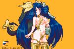  1girl angel_wings asymmetrical_wings bare_shoulders bikini blue_hair breasts center_opening covered_nipples dizzy_(guilty_gear) glaceo gold_bikini gold_slingshot_swimsuit gold_thighhighs golden_week guilty_gear hair_rings hand_on_own_chest large_breasts long_hair mature_female micro_bikini monster_girl navel orange_background pixel_art red_eyes ribbon sideboob skindentation slingshot_swimsuit solo swimsuit tail tail_ornament tail_ribbon thigh_strap thighhighs twintails twitter_username underboob wings yellow_ribbon 