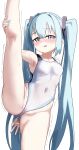  1girl absurdres aqua_eyes aqua_hair blush breasts competition_swimsuit covered_navel feet_out_of_frame hatsune_miku highleg highleg_swimsuit highres long_hair nose_blush one-piece_swimsuit satou_(www_nemu) simple_background small_breasts solo split standing standing_on_one_leg standing_split swimsuit trembling twintails very_long_hair vocaloid white_background white_one-piece_swimsuit 