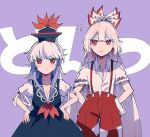  2girls background_text baggy_pants bangs beige_shirt blue_dress blue_hair bow breasts buttons cleavage collared_dress collared_shirt dress fujiwara_no_mokou hair_bow hat itomugi-kun kamishirasawa_keine long_hair multicolored_hair multiple_girls neckerchief ofuda ofuda_on_clothes pants puffy_short_sleeves puffy_sleeves red_eyes red_neckwear red_pants shirt short_sleeves sidelocks silver_hair simple_background skirt suspenders tokin_hat torn_clothes torn_sleeves touhou translation_request two-tone_hair very_long_hair white_shirt white_skirt 