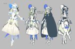  black_cape blonde_hair cape doll_joints dress from_behind gloves gradient_hair grey_background hat highres joints kotori_(mountain_of_heaven) miitarou multicolored_hair multiple_views pixiv_fantasia pixiv_fantasia_mountain_of_heaven reference_sheet standing white_dress white_gloves white_hat 