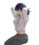  1girl arms_up black_eyes black_hair black_pants blue_scrunchie blush genderswap genderswap_(mtf) hair_between_eyes hair_ornament hair_scrunchie hair_tie_in_mouth highres hood hoodie kamijou_touka_(toaru_majutsu_no_index) kamijou_touma long_hair long_sleeves midriff mouth_hold navel orange_shirt pants scrunchie shirt simple_background sitting solo t-shirt toaru_majutsu_no_index toaru_majutsu_no_index:_new_testament tobe! tying_hair white_background white_hoodie 