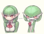  artist_name bob_cut colored_skin creature_and_personification gardevoir green_hair highres multicolored_skin orange_eyes personification pointy_ears pokemon pokemon_(creature) simple_background smile totennko two-tone_skin v_arms white_background white_skin 