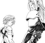  2boys age_difference aged_down armor belt coat dangle_earrings earrings expressionless final_fantasy final_fantasy_vii final_fantasy_vii_ever_crisis height_difference high_collar jewelry long_bangs long_hair looking_back makix5s male_focus monochrome multiple_belts multiple_boys parted_bangs pauldrons sephiroth sephiroth_(lethal_style) shoulder_armor simple_background time_paradox upper_body white_background 