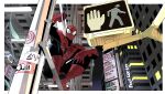  1boy absurdres border building cityscape english_text highres lamppost looking_at_viewer male_focus marvel night simple_background skyscraper solo spider-man spider-man_(series) superhero_costume white_border 