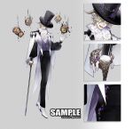  1boy ascot bishounen black_hat black_pants black_shirt black_sleeves blonde_hair buttons cane center_frills chinese_commentary close-up commentary_request frills full_body gem gloves grey_background hair_over_one_eye hat high_collar highres holding holding_cane horns ichi_yasushi long_sleeves male_focus open_mouth original outstretched_hand pants polka_dot polka_dot_background puffy_long_sleeves puffy_sleeves purple_eyes purple_gemstone purple_vest sample_watermark shirt shoes short_hair simple_background smile tachi-e telekinesis top_hat vest watermark white_ascot white_footwear white_gloves white_horns 