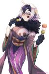  1girl absurdres ahoge bangs black_gloves breasts brown_sash dango face_painting fate/grand_order fate_(series) food fur_collar gloves hair_intakes hair_ornament headpiece highres japanese_clothes jeanne_d&#039;arc_(alter)_(fate) jeanne_d&#039;arc_(fate)_(all) kimono large_breasts long_sleeves looking_at_viewer obi porko purple_kimono sanshoku_dango sash short_hair silver_hair simple_background skeleton_print solo wagashi white_background wide_sleeves yellow_eyes 