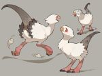  age_progression animal_focus beak bird bul_(moiko) chick claws covered_eyes dust_cloud eggshell eggshell_hat feathers from_side full_body grey_background highres multiple_views no_humans open_mouth original red_eyes running scales simple_background standing tail 