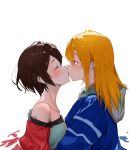  2girls bare_shoulders blonde_hair brown_eyes brown_hair closed_eyes collarbone french_kiss hood hoodie kiss kouzuki_mahiru light_blush long_hair looking_at_another multiple_girls short_hair simple_background tongue upper_body white_background xixi1130 yamanouchi_kano yoru_no_kurage_wa_oyogenai yuri 