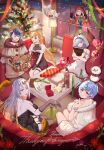 2boys 4girls absurdres alfonse_(fire_emblem) alternate_costume balloon bare_shoulders blonde_hair blue_bow blue_bowtie blue_eyes blue_hair bottle bow bowtie box carrot choker christmas christmas_lights christmas_tree commission commissioner_name couch dress earrings envelope fake_antlers feh_(fire_emblem_heroes) fire_emblem fire_emblem_heroes fishnet_gloves fishnet_thighhighs fishnets flower fur_trim gift gift_box gloves gold_horns gradient_hair green_eyes gullveig_(fire_emblem) heart_balloon highres holding holding_sack hooded_robe horns jewelry kiran_(fire_emblem) kiran_(male)_(fire_emblem) kvasir_(fire_emblem) lamp leather leather_gloves legwear_garter multicolored_hair multiple_boys multiple_girls on_couch pants pink_hair plaid plaid_pants red_bow red_bowtie red_choker red_robe ring robe sack second-party_source seidr_(fire_emblem) sharena_(fire_emblem) short_dress shuka_(sake_udon) single_horn skeb_commission snowman snowman_hood stuffed_animal stuffed_toy table teddy_bear thank_you thigh_strap thighhighs thumbs_up white_flower white_hair wine_bottle yellow_bow yellow_bowtie yellow_eyes 
