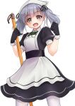  1girl absurdres apron black_dress black_gloves brown_eyes dress feet_out_of_frame gloves grey_hair highres kantai_collection maid_day makura_(y_makura) medium_hair mop ooshio_(kancolle) pantyhose puffy_short_sleeves puffy_sleeves short_sleeves simple_background smile solo twintails white_apron white_background white_pantyhose 