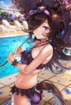  1girl absurdres animal_ears black_hair blue_flower blue_rose chair commentary flower focused frilled_umbrella gothic hair_over_one_eye headband highres holding holding_umbrella horse_ears horse_girl horse_tail long_hair looking_at_viewer lounge_chair parasol petals pool poolside purple_eyes rice_shower_(umamusume) rose shashaki solo swimsuit tail umamusume umbrella water wrist_cuffs 