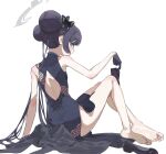  1girl back barefoot black_dress black_footwear black_hair black_ribbon blue_archive breasts butterfly_hair_ornament china_dress chinese_clothes coat double_bun dragon_print dress feet grey_coat grey_eyes grey_halo hair_bun hair_ornament halo holding holding_shoes kisaki_(blue_archive) legs looking_at_viewer looking_back mitsutsuka ribbon shoes small_breasts soles striped_clothes striped_coat toes twintails vertical-striped_clothes white_background 