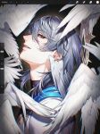  1boy bishounen feathered_wings from_side green_eyes grey_hair halo head_wings highres honkai:_star_rail honkai_(series) looking_at_viewer male_focus medium_hair rourouki solo sunday_(honkai:_star_rail) upper_body wings 