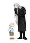 2boys age_difference aged_down backpack bag black_coat black_footwear black_shirt blonde_hair blue_eyes blue_sweater_vest boots brown_bag brown_footwear brown_shorts cloud_strife coat collared_shirt expressionless final_fantasy final_fantasy_vii full_body green_eyes grey_hair grey_socks hands_in_pockets hands_up height_difference highres knee_boots leaning_forward long_coat long_hair looking_at_another looking_down low_ponytail male_focus multiple_boys school_uniform sephiroth shirt shoes short_ponytail shorts simple_background slit_pupils smile socks spiked_hair sweater_vest takitorin time_paradox turtleneck turtleneck_shirt very_long_hair white_background white_shirt 