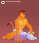  2023 anthro anthrofied clean_diaper clothed clothing colt3n diaper diaper_humping diaper_only diaper_package disney eyes_closed felid hi_res holding_diaper humping humping_diaper lion male mammal open_mouth open_smile pantherine pawpads red_background simba_(the_lion_king) simple_background smile solo tail tail_tuft the_lion_king topless touching_diaper tuft 