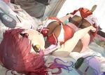  bed bicolored_eyes breasts cleavage hololive houshou_marine leotard long_hair red_hair skirt teddy_bear thighhighs twintails wankosukii 